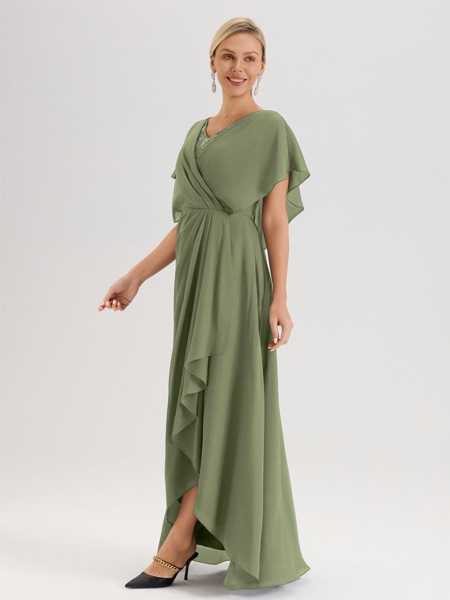Cicinia Robe Mère De La Mariée Vert Olive Avec Ourlet Asymétrique Et Manches Volants Décolleté En V En Chiffon Longueur Sol