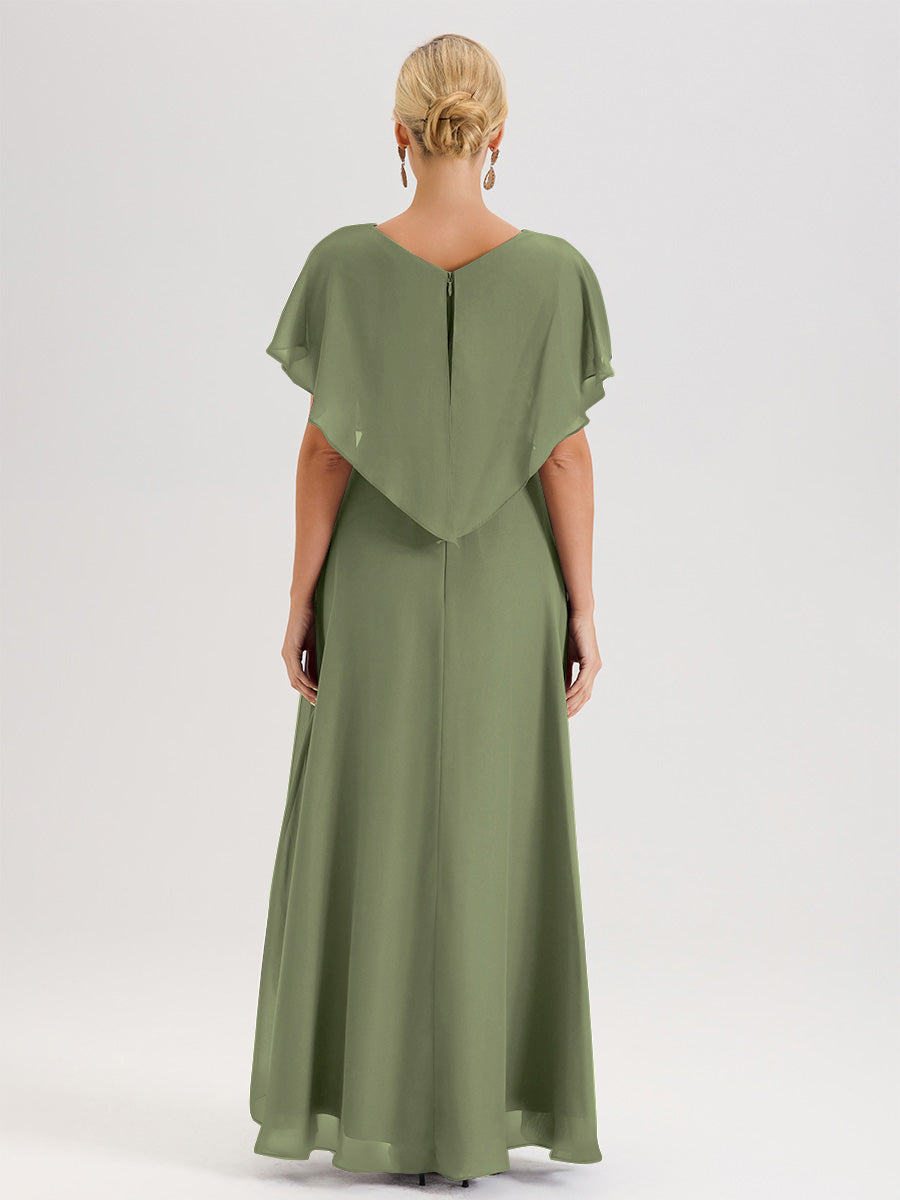 Cicinia Robe Mère De La Mariée Vert Olive Avec Ourlet Asymétrique Et Manches Volants Décolleté En V En Chiffon Longueur Sol