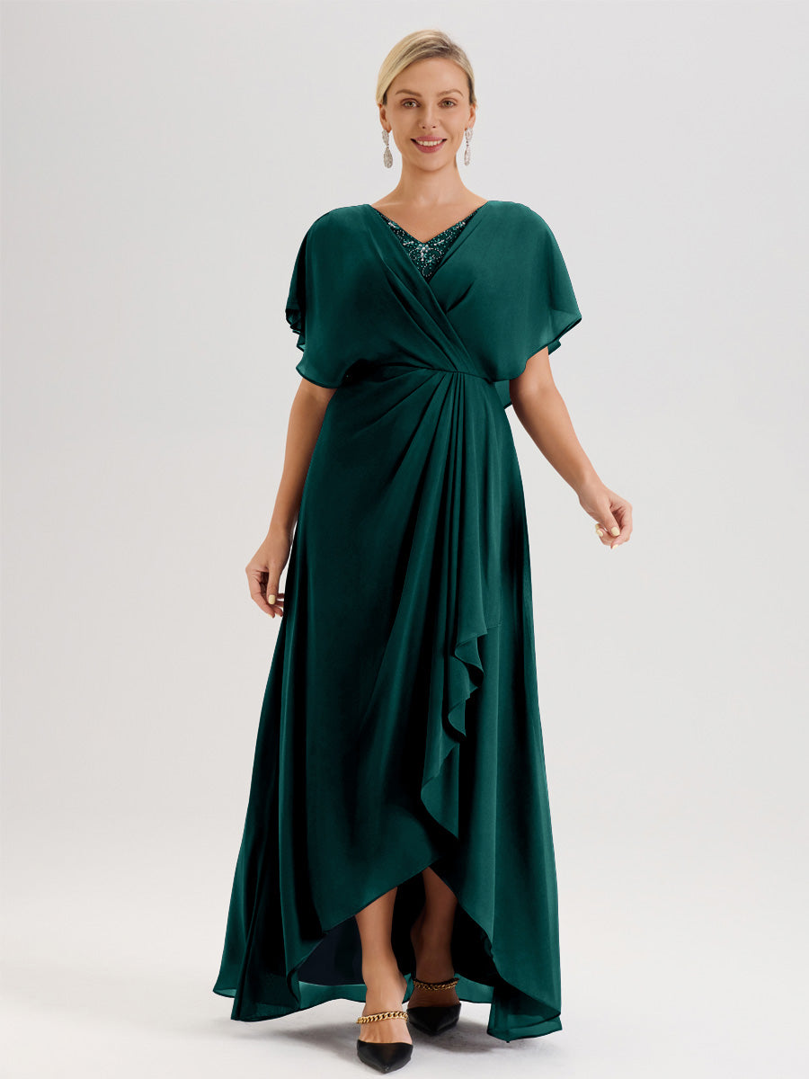Cicinia Robe Mère De La Mariée Paon Avec Ourlet Asymétrique Et Manches Volants Décolleté En V En Chiffon Longueur Sol