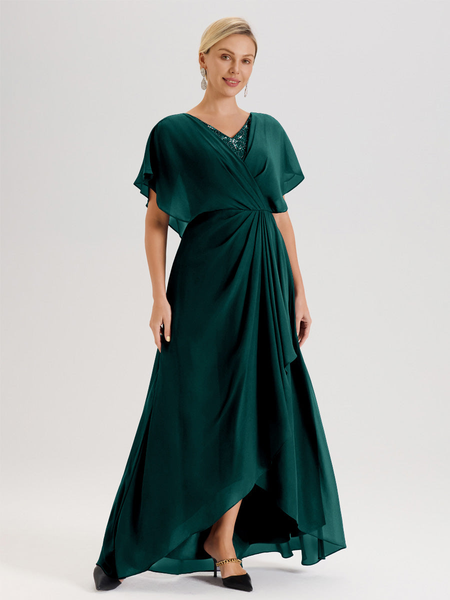 Cicinia Robe Mère De La Mariée Paon Avec Ourlet Asymétrique Et Manches Volants Décolleté En V En Chiffon Longueur Sol