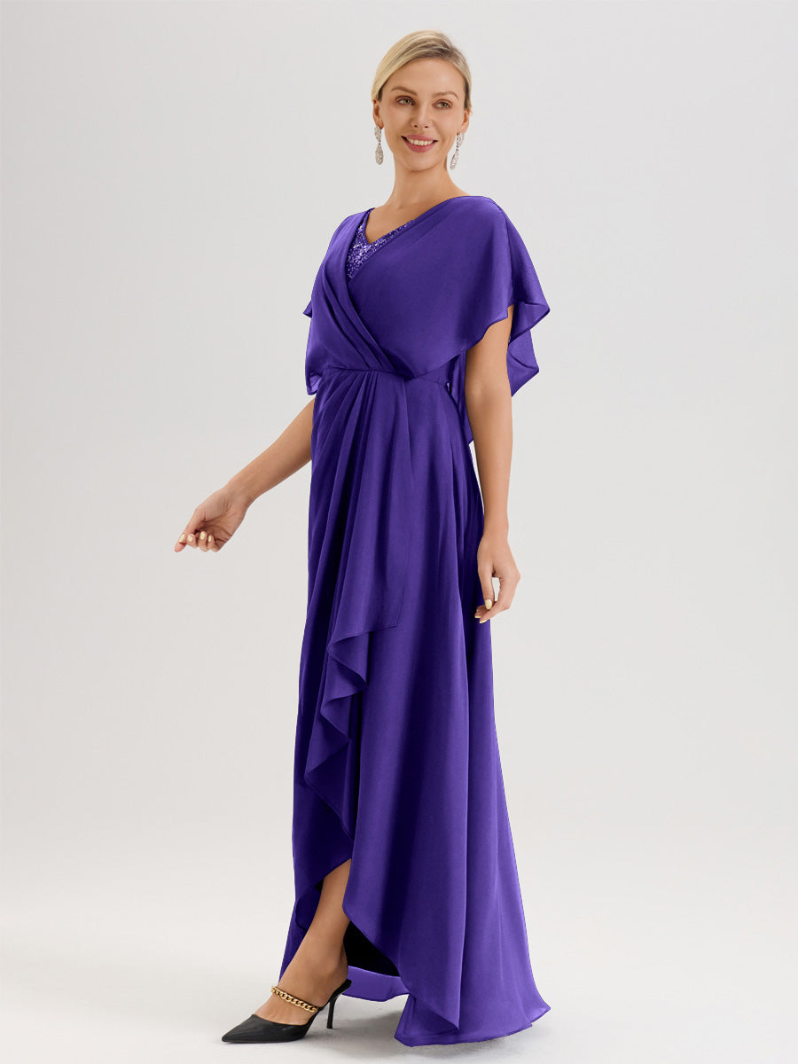 Cicinia Robe Mère De La Mariée En Régence Avec Ourlet Asymétrique Et Manches Volants Décolleté En V En Chiffon Longueur Sol