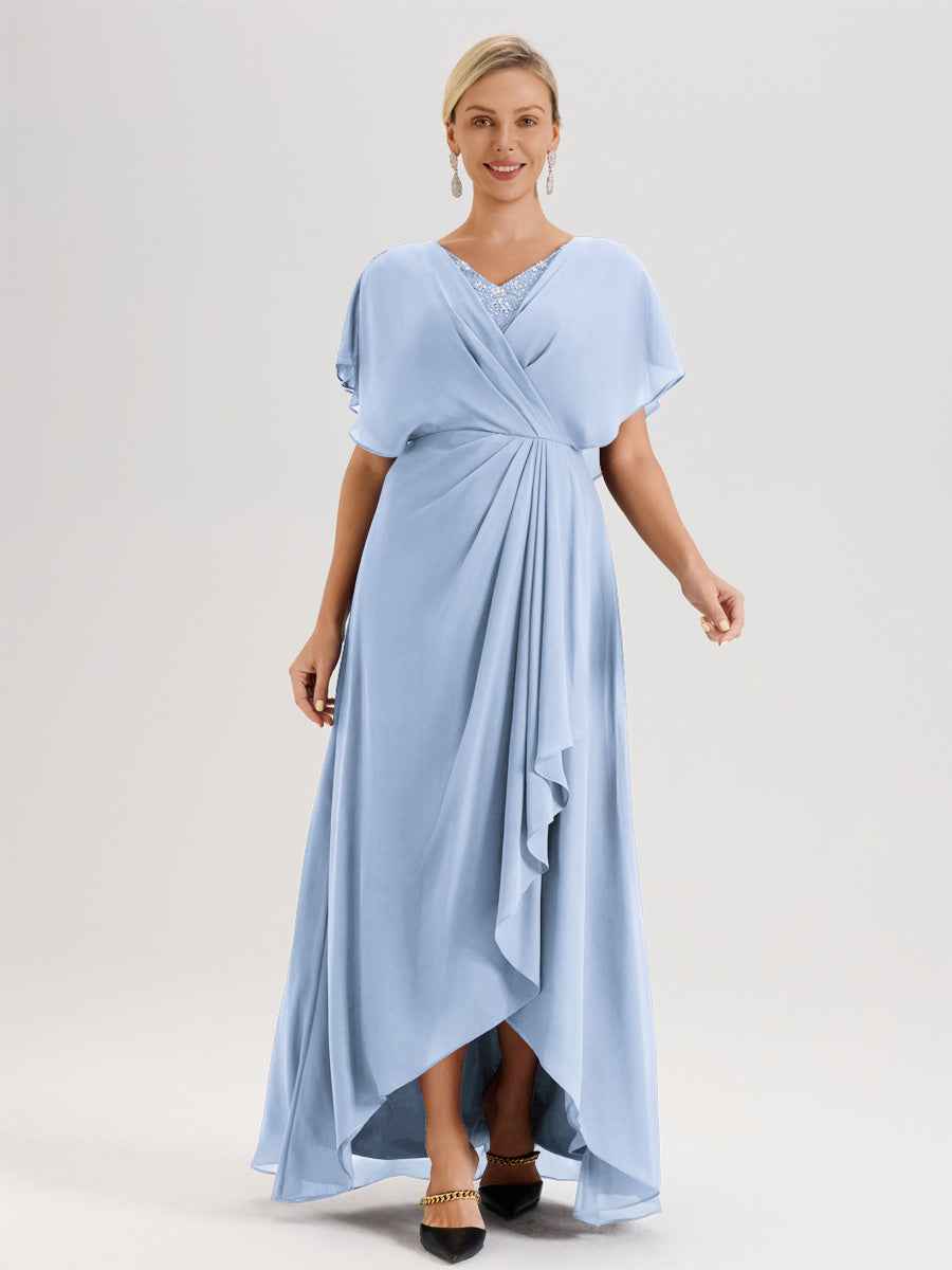 Cicinia Robe Mère De La Mariée Bleu Ciel Avec Ourlet Asymétrique Et Manches Volants Décolleté En V En Chiffon Longueur Sol