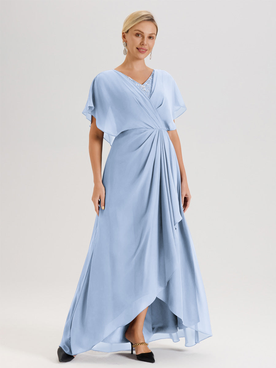 Cicinia Robe Mère De La Mariée Bleu Ciel Avec Ourlet Asymétrique Et Manches Volants Décolleté En V En Chiffon Longueur Sol