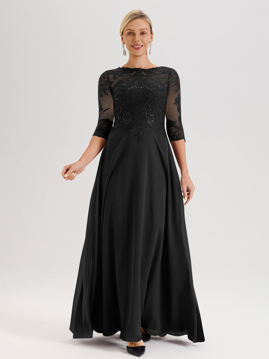 Cicinia Robe Mère De La Mariée Noir Col Ras Du Cou Manches Trois-Quarts En Chiffon Et Dentelle Longueur Au Sol