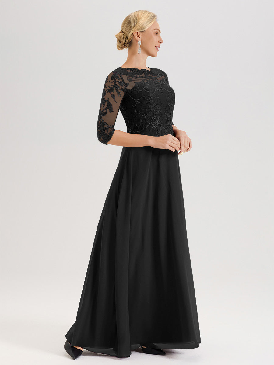 Cicinia Robe Mère De La Mariée Noir Col Ras Du Cou Manches Trois-Quarts En Chiffon Et Dentelle Longueur Au Sol