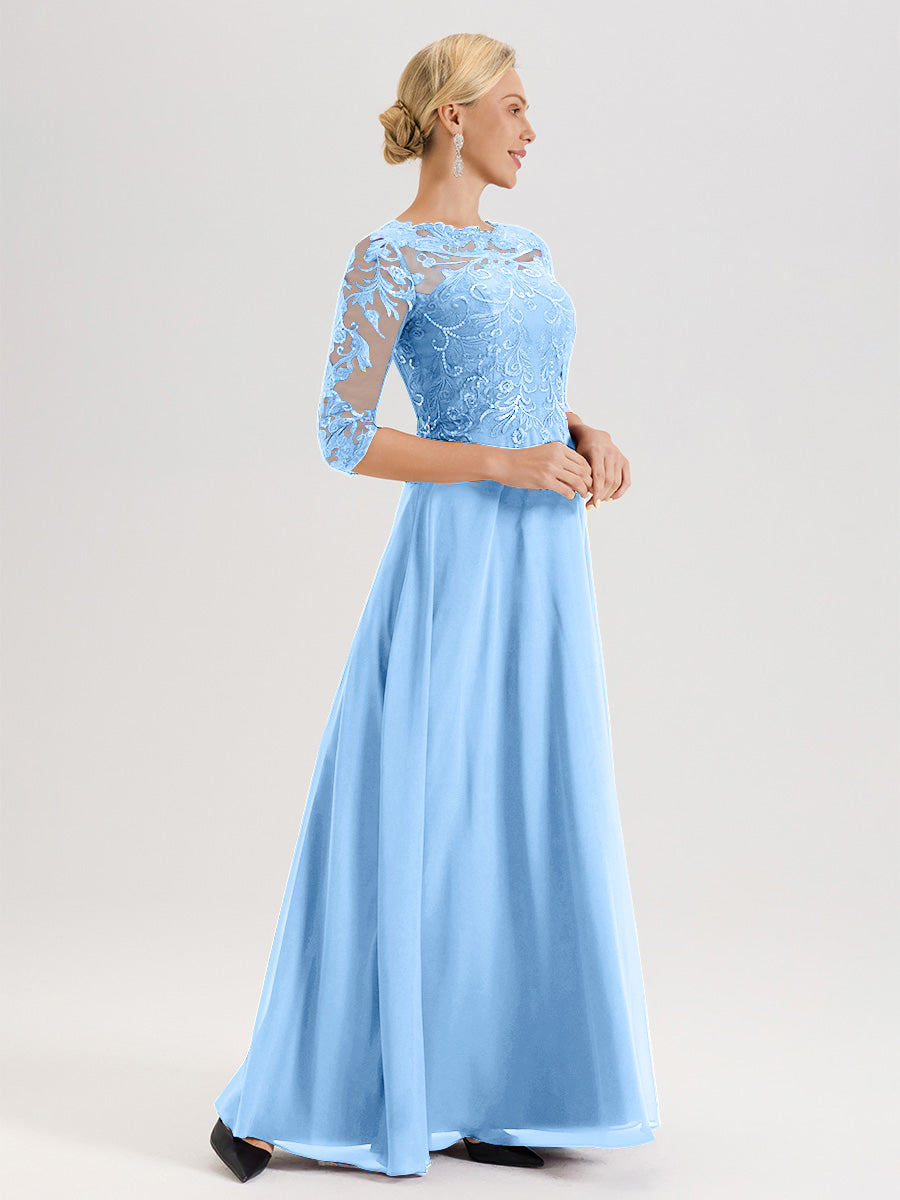 Cicinia Robe Mère De La Mariée Bleu Col Ras Du Cou Manches Trois-Quarts En Chiffon Et Dentelle Longueur Au Sol