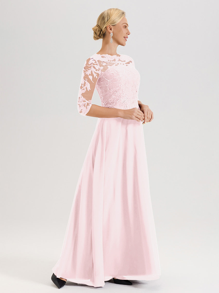 Cicinia Robe Mère De La Mariée Rose Pale Col Ras Du Cou Manches Trois-Quarts En Chiffon Et Dentelle Longueur Au Sol