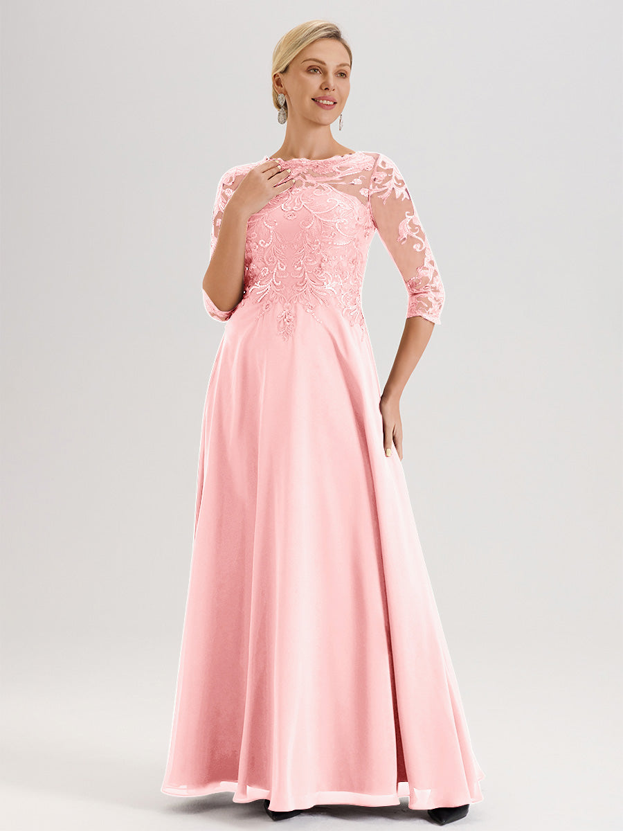 Cicinia Robe Mère De La Mariée Rose Col Ras Du Cou Manches Trois-Quarts En Chiffon Et Dentelle Longueur Au Sol