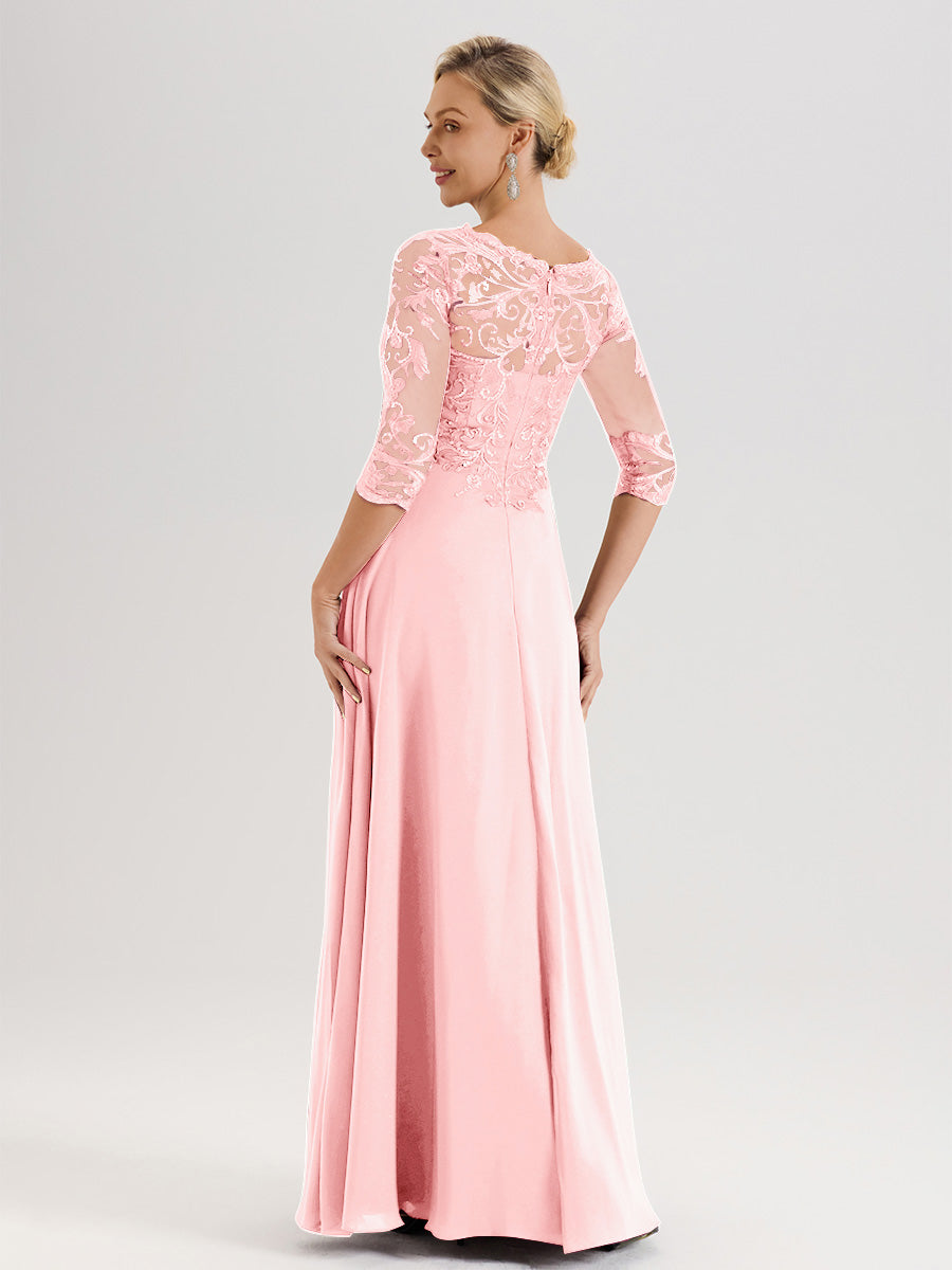 Cicinia Robe Mère De La Mariée Rose Col Ras Du Cou Manches Trois-Quarts En Chiffon Et Dentelle Longueur Au Sol
