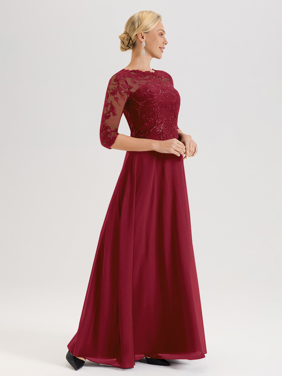 Cicinia Robe Mère De La Mariée Bordeaux Col Ras Du Cou Manches Trois-Quarts En Chiffon Et Dentelle Longueur Au Sol