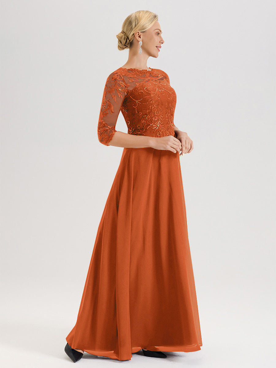 Cicinia Robe Mère De La Mariée Orange Brûlé Col Ras Du Cou Manches Trois-Quarts En Chiffon Et Dentelle Longueur Au Sol