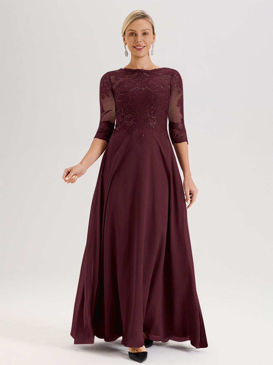 Cicinia Robe Mère De La Mariée Cabernet Col Ras Du Cou Manches Trois-Quarts En Chiffon Et Dentelle Longueur Au Sol