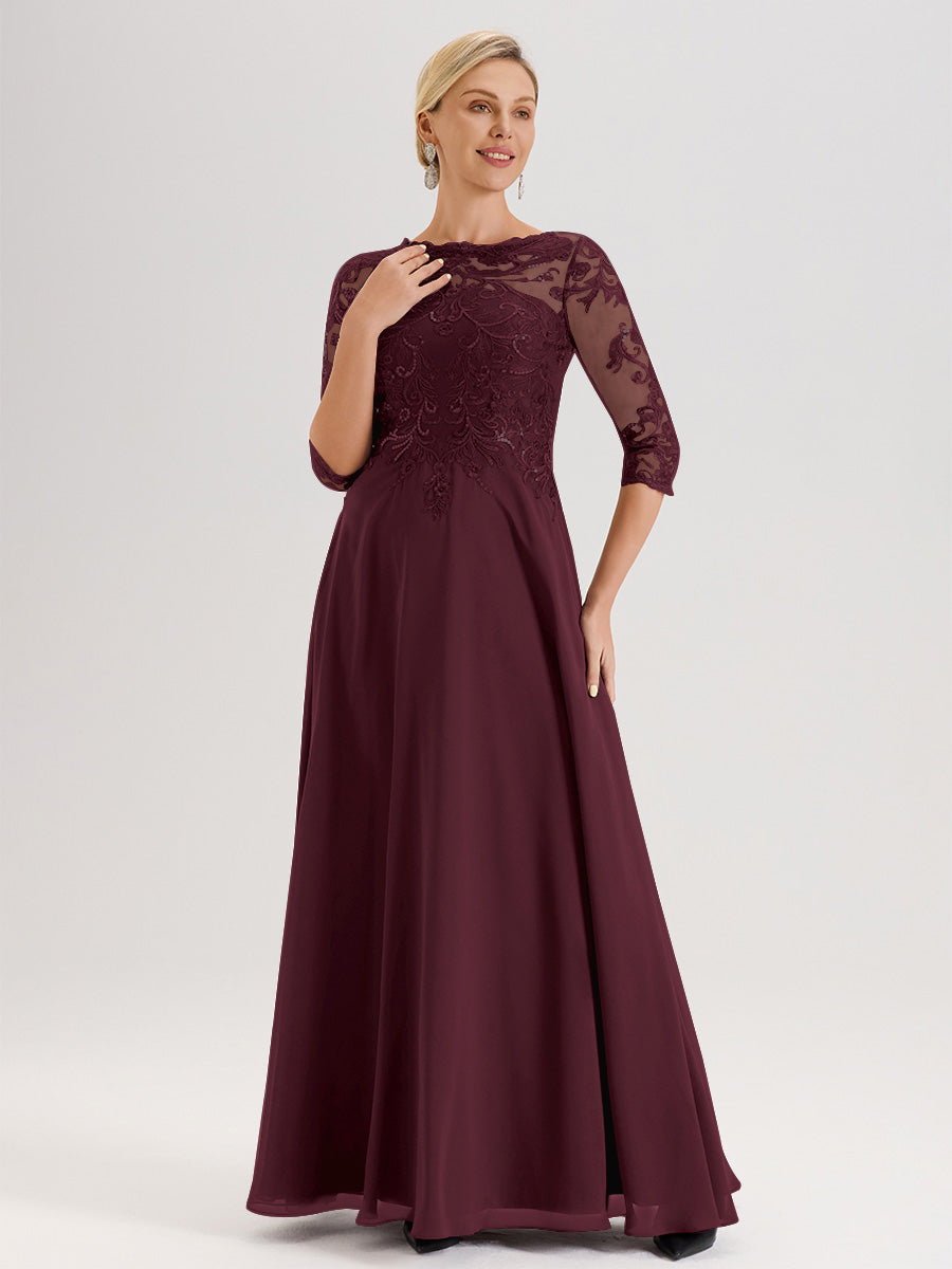Cicinia Robe Mère De La Mariée Cabernet Col Ras Du Cou Manches Trois-Quarts En Chiffon Et Dentelle Longueur Au Sol