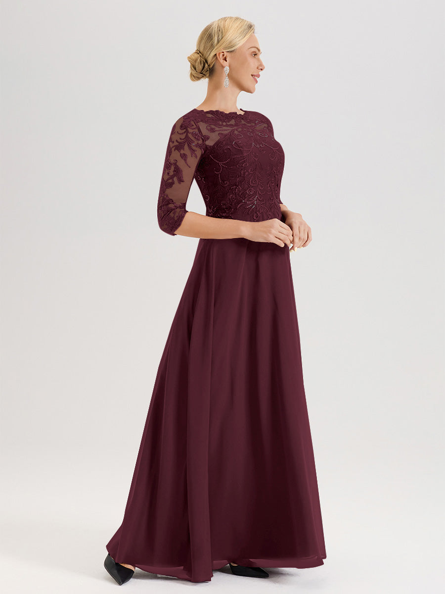 Cicinia Robe Mère De La Mariée Cabernet Col Ras Du Cou Manches Trois-Quarts En Chiffon Et Dentelle Longueur Au Sol