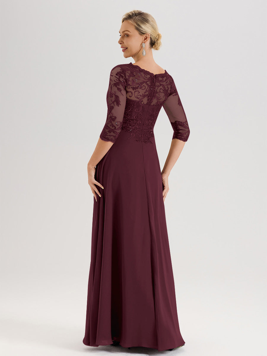 Cicinia Robe Mère De La Mariée Cabernet Col Ras Du Cou Manches Trois-Quarts En Chiffon Et Dentelle Longueur Au Sol