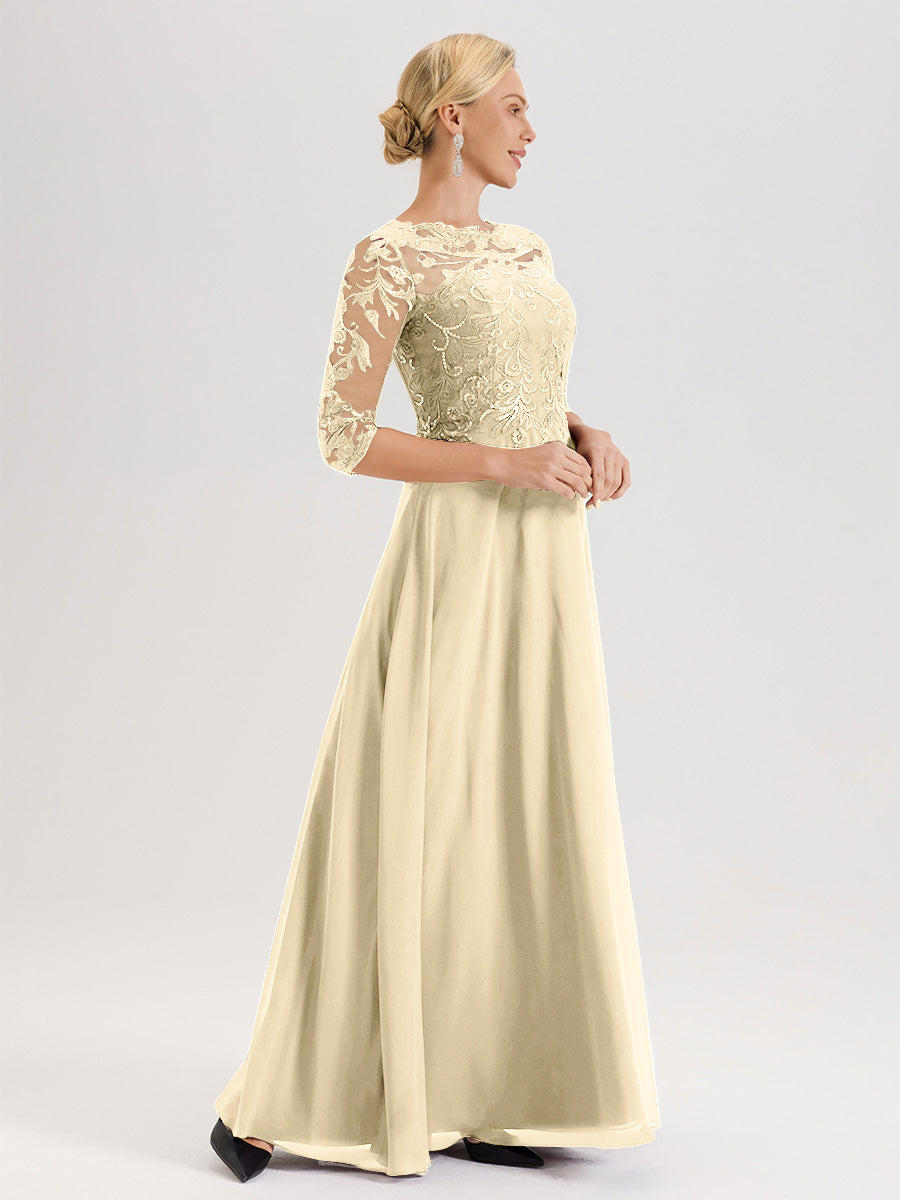 Cicinia Robe Mère De La Mariée Couleur Champagne Col Ras Du Cou Manches Trois-Quarts En Chiffon Et Dentelle Longueur Au Sol