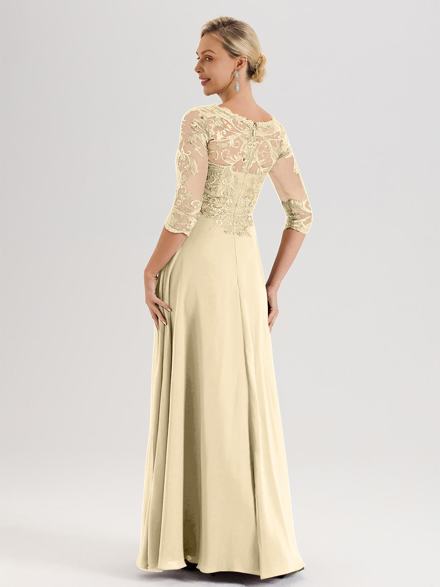 Cicinia Robe Mère De La Mariée Couleur Champagne Col Ras Du Cou Manches Trois-Quarts En Chiffon Et Dentelle Longueur Au Sol
