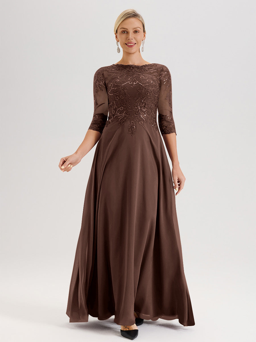 Cicinia Robe Mère De La Mariée En Chocolat Col Ras Du Cou Manches Trois-Quarts En Chiffon Et Dentelle Longueur Au Sol