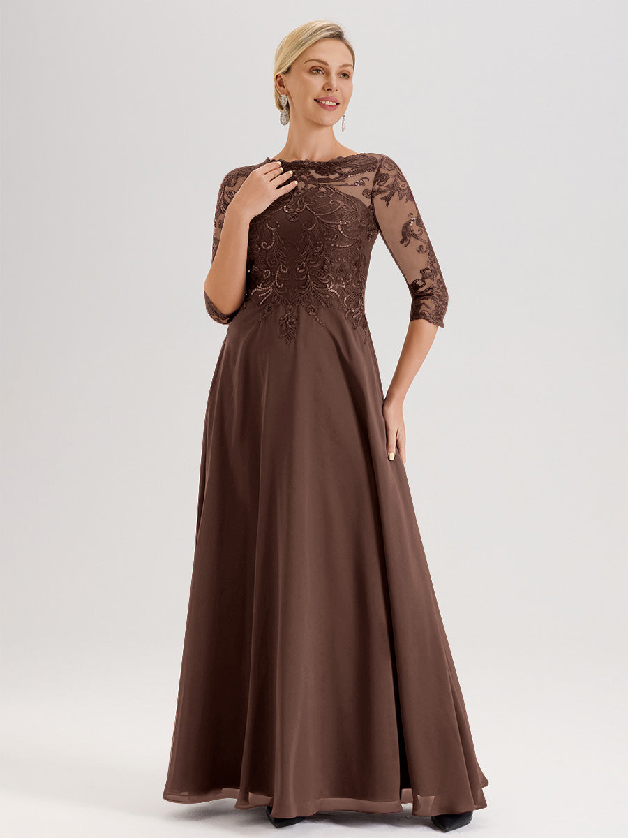 Cicinia Robe Mère De La Mariée En Chocolat Col Ras Du Cou Manches Trois-Quarts En Chiffon Et Dentelle Longueur Au Sol