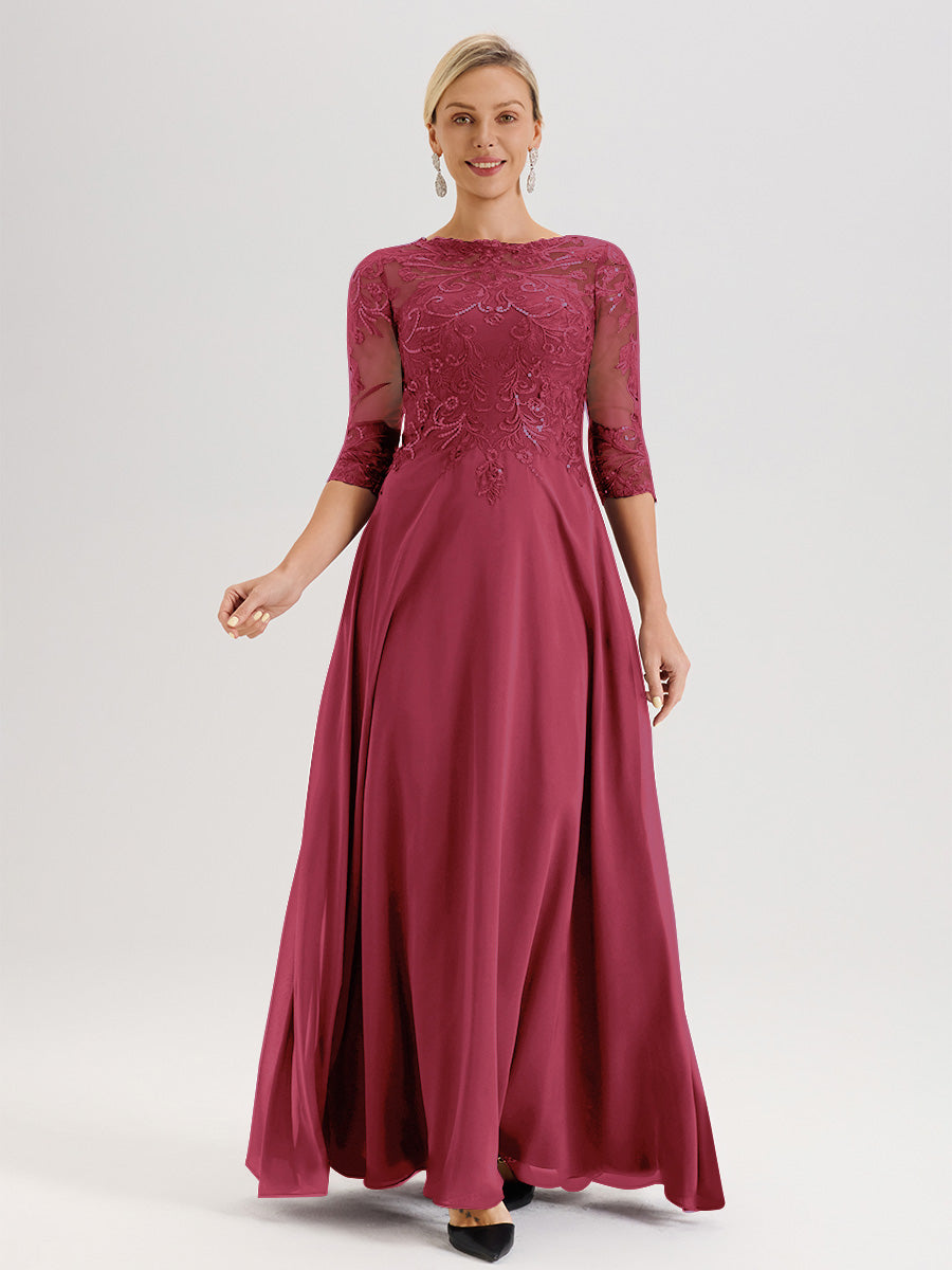 Cicinia Robe Mère De La Mariée Couleur Rose Cannelle Col Ras Du Cou Manches Trois-Quarts En Chiffon Et Dentelle Longueur Au Sol