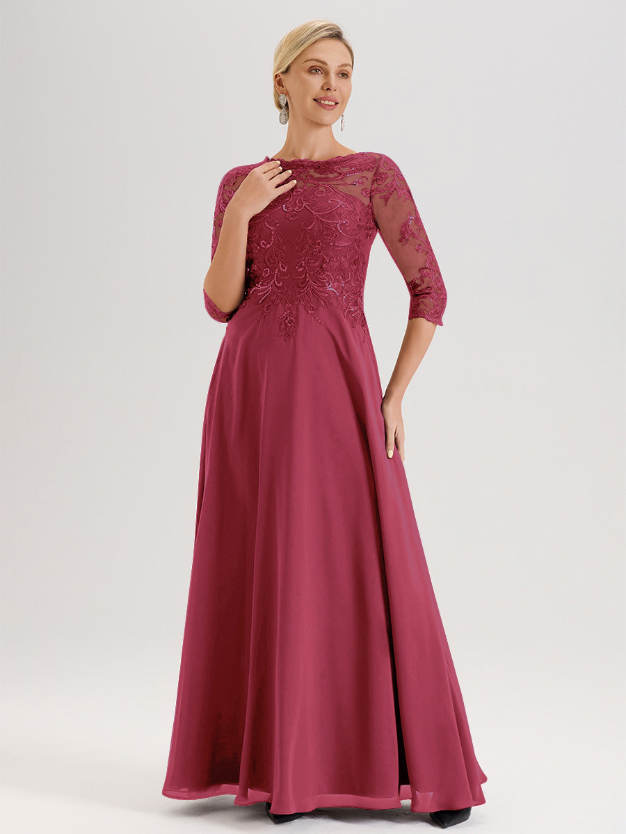 Cicinia Robe Mère De La Mariée Couleur Rose Cannelle Col Ras Du Cou Manches Trois-Quarts En Chiffon Et Dentelle Longueur Au Sol