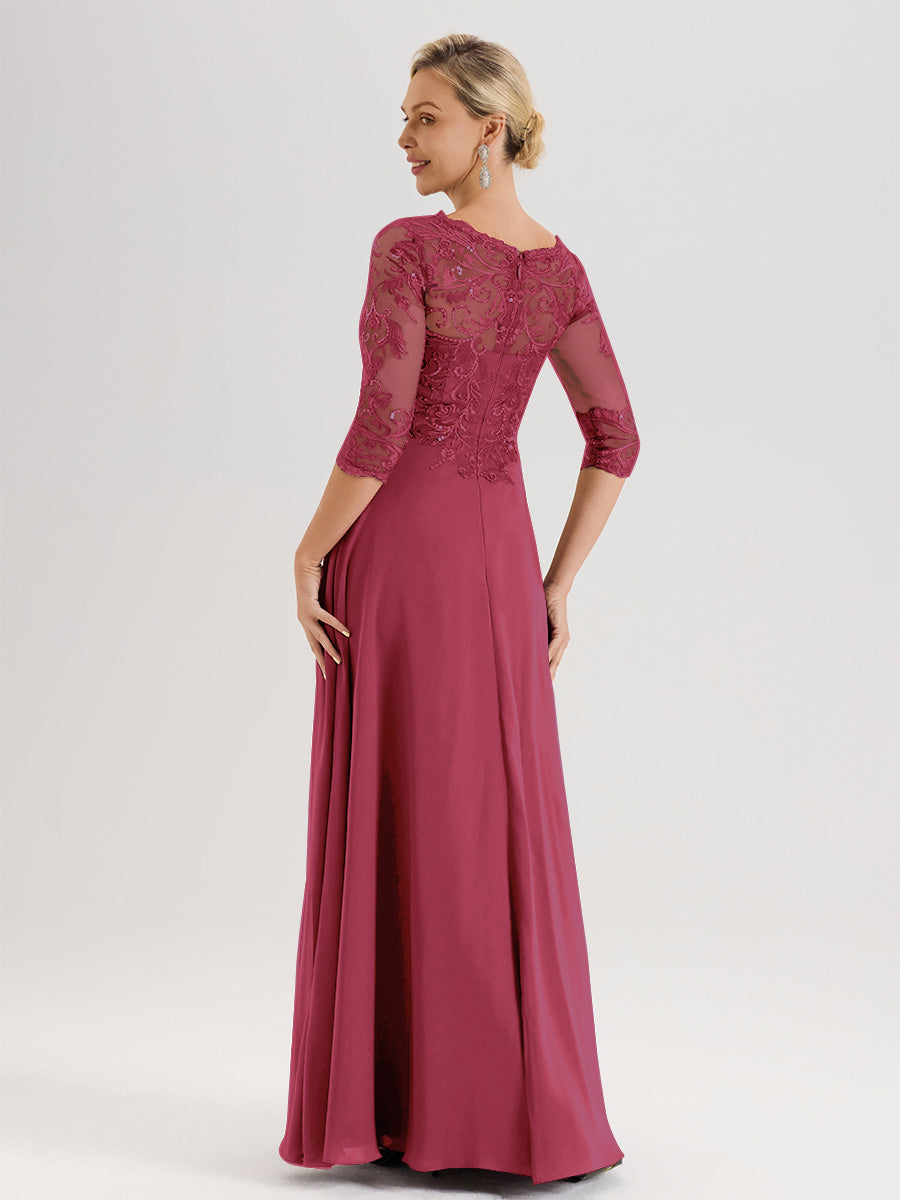 Cicinia Robe Mère De La Mariée Couleur Rose Cannelle Col Ras Du Cou Manches Trois-Quarts En Chiffon Et Dentelle Longueur Au Sol