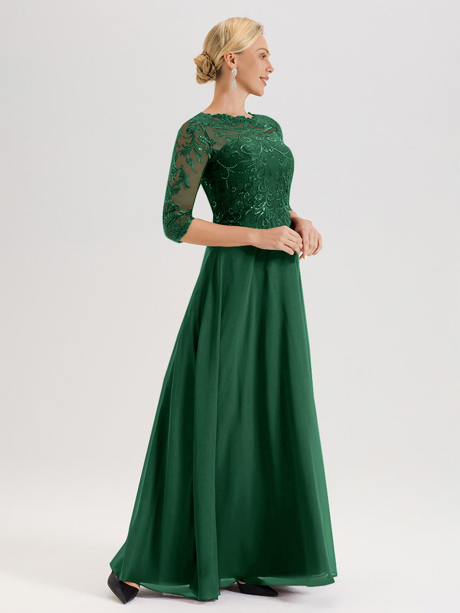 Cicinia Robe Mère De La Mariée Vert Foncé Col Ras Du Cou Manches Trois-Quarts En Chiffon Et Dentelle Longueur Au Sol