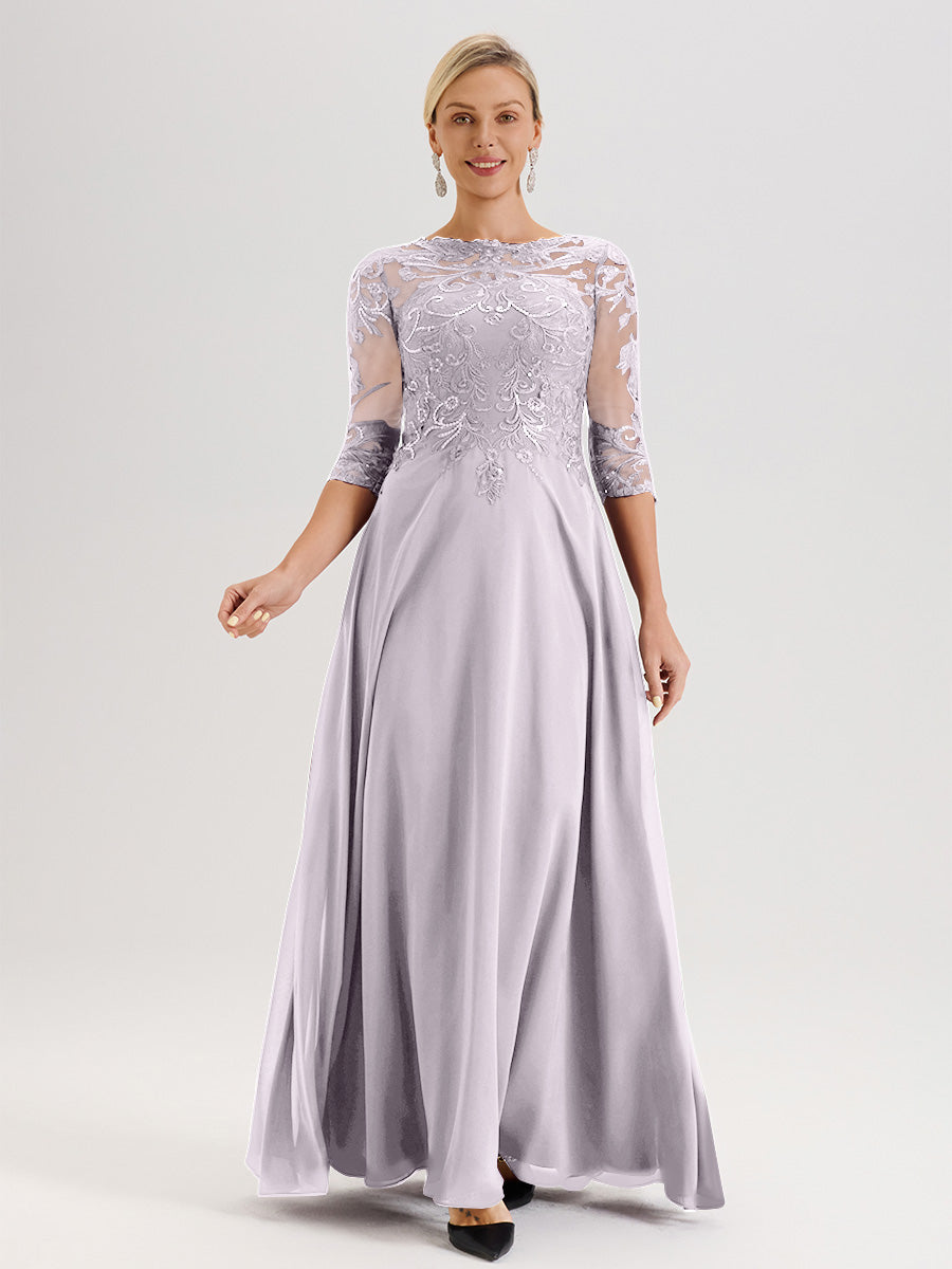 Cicinia Robe Mère De La Mariée Couleur Crépuscule Col Ras Du Cou Manches Trois-Quarts En Chiffon Et Dentelle Longueur Au Sol