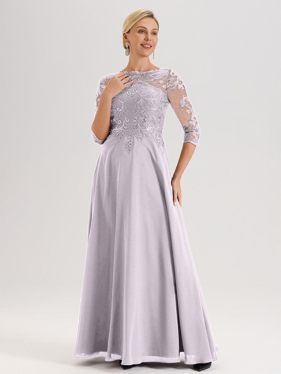 Cicinia Robe Mère De La Mariée Couleur Crépuscule Col Ras Du Cou Manches Trois-Quarts En Chiffon Et Dentelle Longueur Au Sol