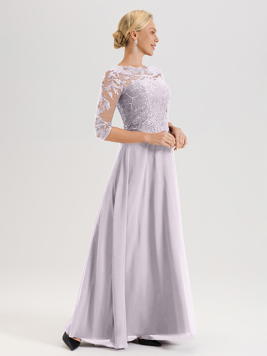 Cicinia Robe Mère De La Mariée Couleur Crépuscule Col Ras Du Cou Manches Trois-Quarts En Chiffon Et Dentelle Longueur Au Sol