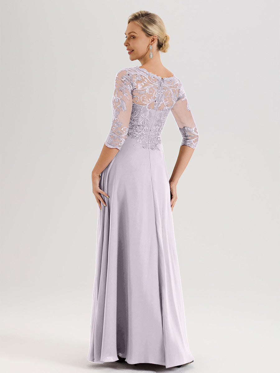 Cicinia Robe Mère De La Mariée Couleur Crépuscule Col Ras Du Cou Manches Trois-Quarts En Chiffon Et Dentelle Longueur Au Sol