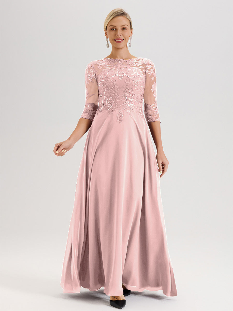 Cicinia Robe Mère De La Mariée Rose Poussiéreux Col Ras Du Cou Manches Trois-Quarts En Chiffon Et Dentelle Longueur Au Sol