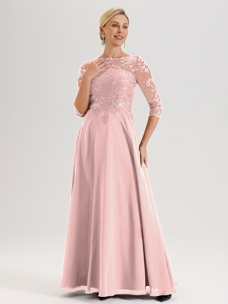 Cicinia Robe Mère De La Mariée Rose Poussiéreux Col Ras Du Cou Manches Trois-Quarts En Chiffon Et Dentelle Longueur Au Sol