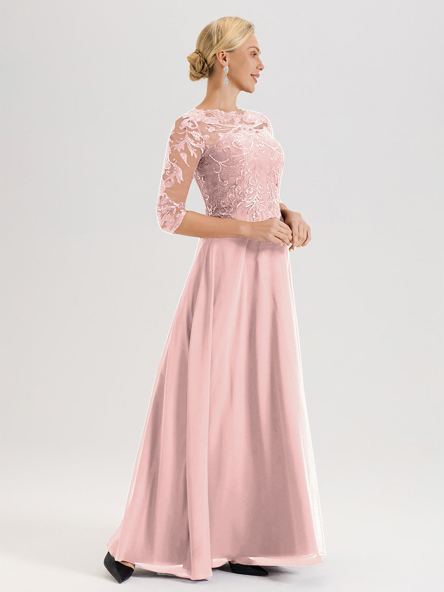 Cicinia Robe Mère De La Mariée Rose Poussiéreux Col Ras Du Cou Manches Trois-Quarts En Chiffon Et Dentelle Longueur Au Sol