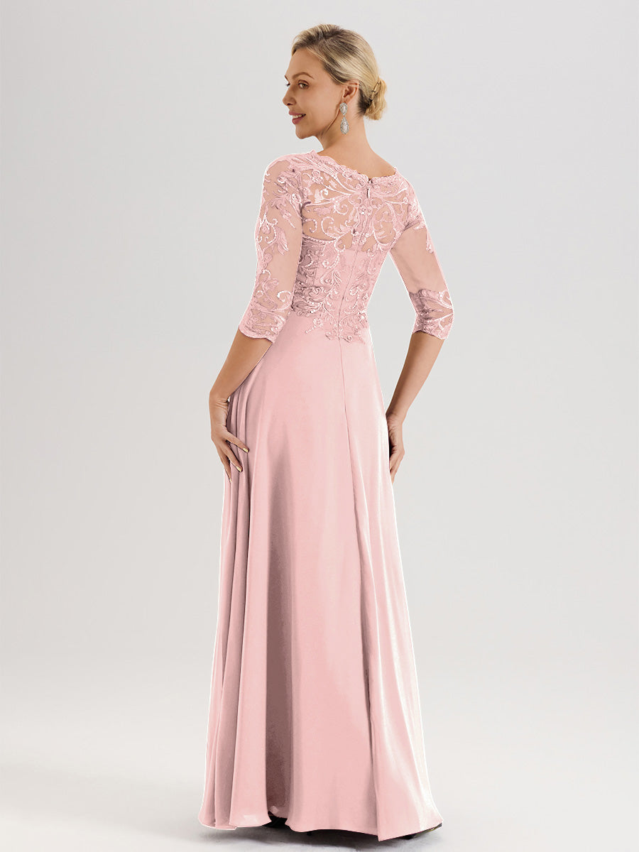 Cicinia Robe Mère De La Mariée Rose Poussiéreux Col Ras Du Cou Manches Trois-Quarts En Chiffon Et Dentelle Longueur Au Sol