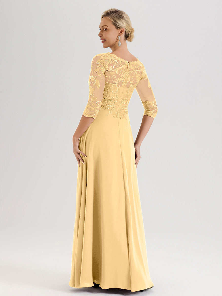 Cicinia Robe Mère De La Mariée En Or Col Ras Du Cou Manches Trois-Quarts En Chiffon Et Dentelle Longueur Au Sol