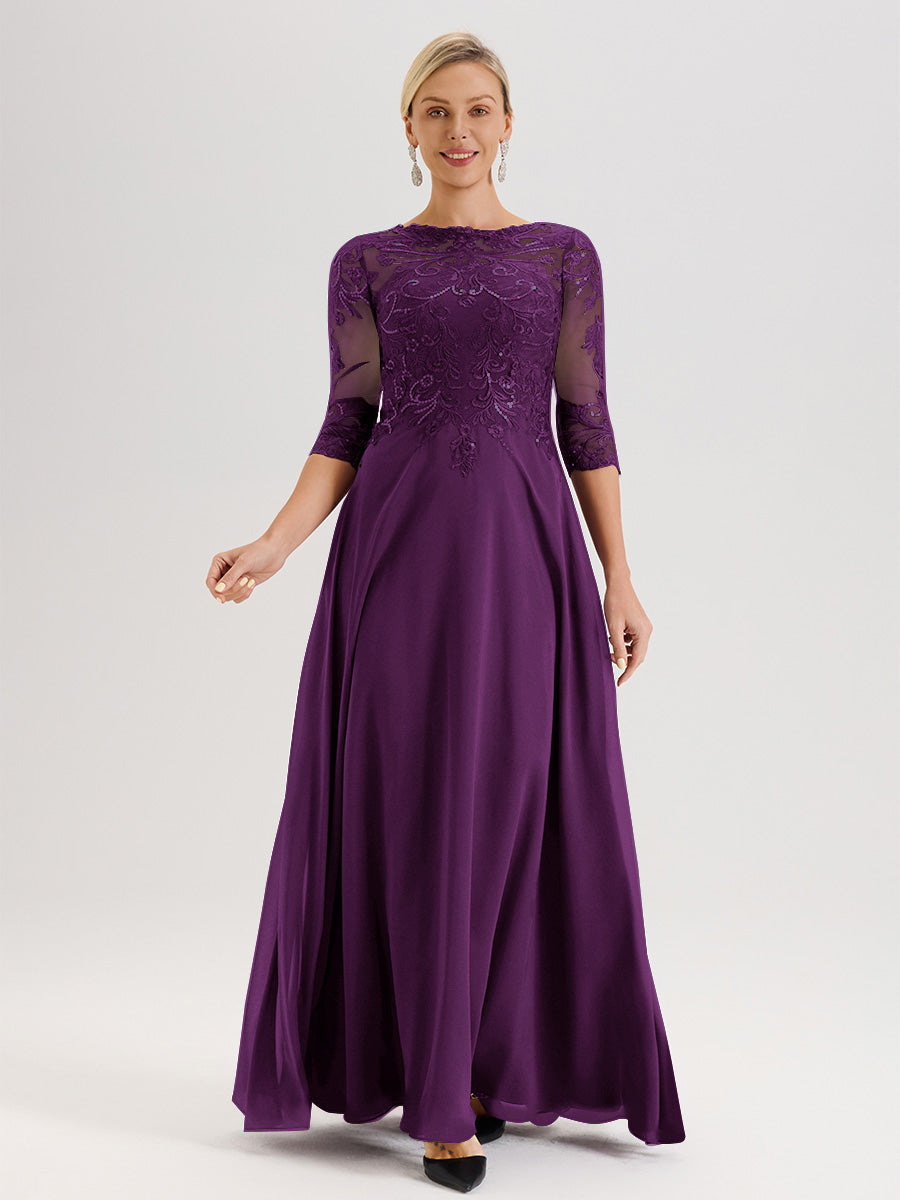 Cicinia Robe Mère De La Mariée En Raisin Col Ras Du Cou Manches Trois-Quarts En Chiffon Et Dentelle Longueur Au Sol
