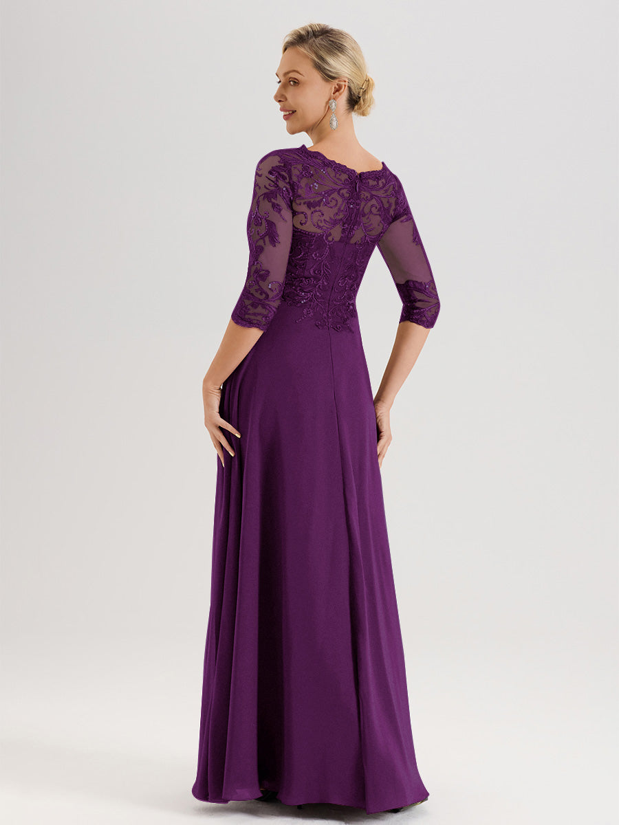 Cicinia Robe Mère De La Mariée En Raisin Col Ras Du Cou Manches Trois-Quarts En Chiffon Et Dentelle Longueur Au Sol