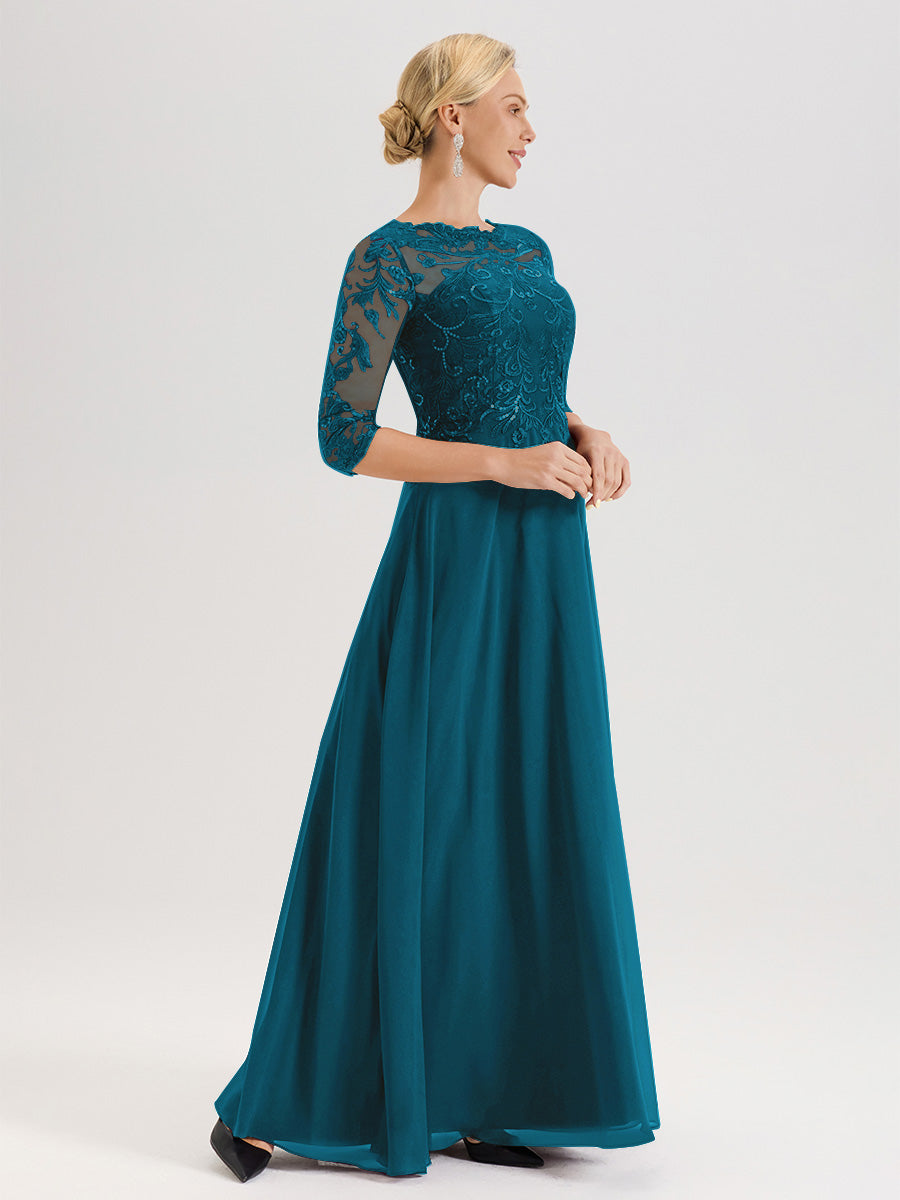Cicinia Robe Mère De La Mariée Bleu Encre Col Ras Du Cou Manches Trois-Quarts En Chiffon Et Dentelle Longueur Au Sol