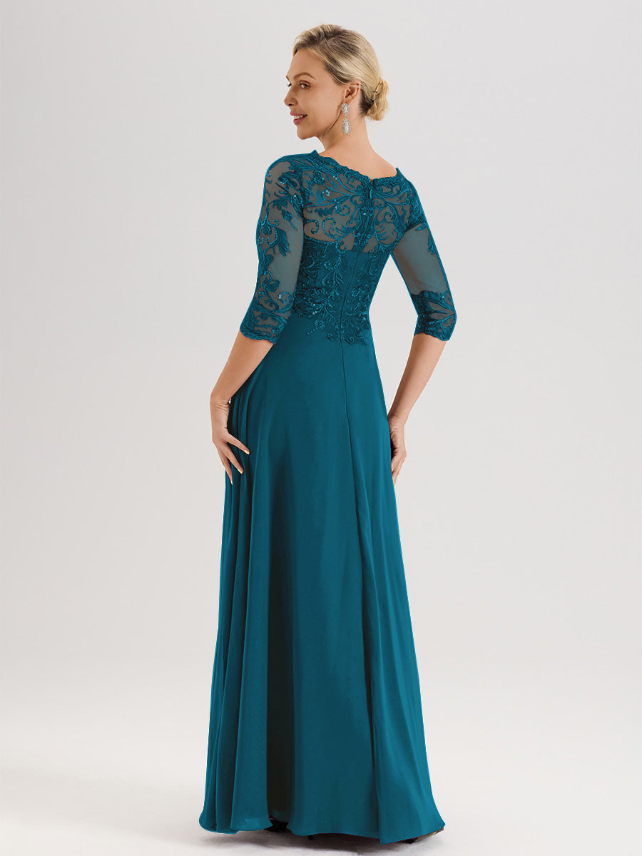 Cicinia Robe Mère De La Mariée Bleu Encre Col Ras Du Cou Manches Trois-Quarts En Chiffon Et Dentelle Longueur Au Sol