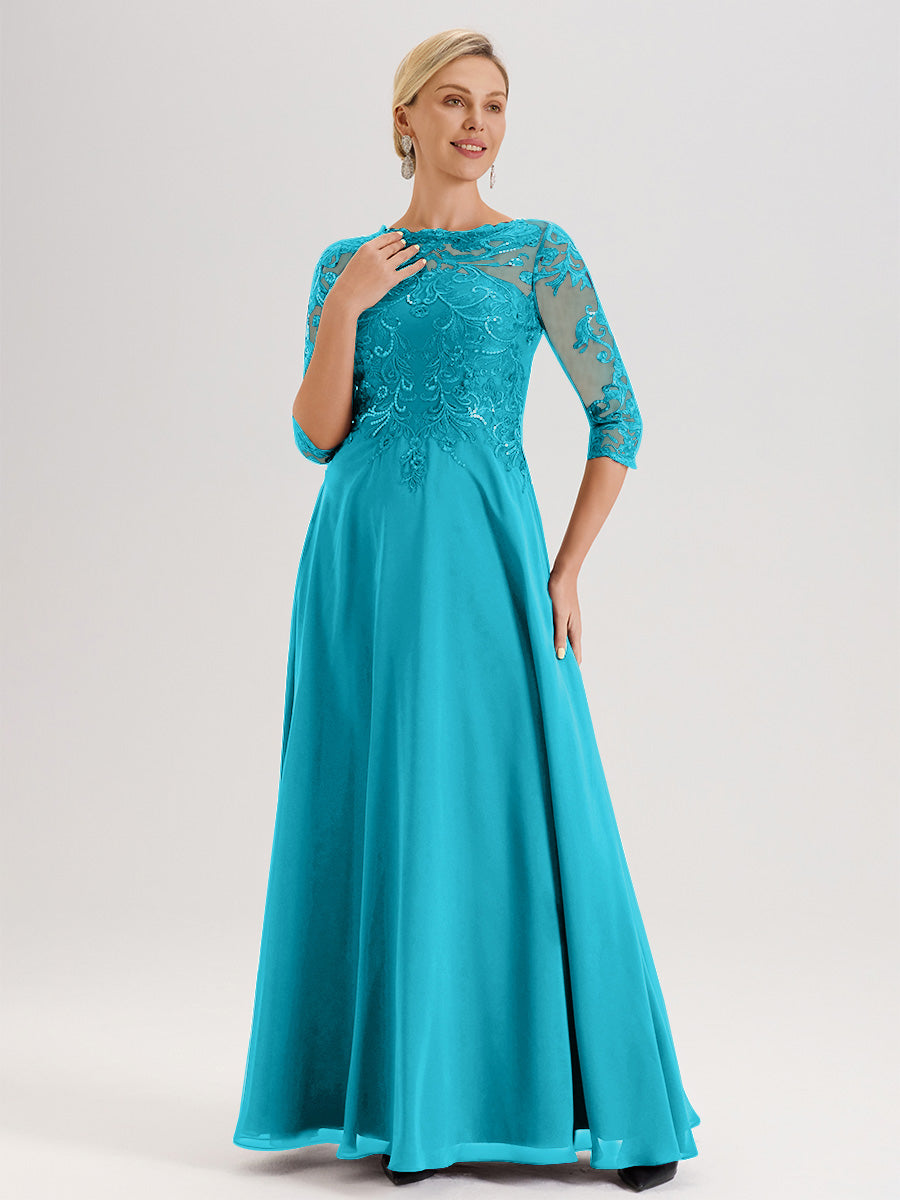 Cicinia Robe Mère De La Mariée Vert Jade Col Ras Du Cou Manches Trois-Quarts En Chiffon Et Dentelle Longueur Au Sol