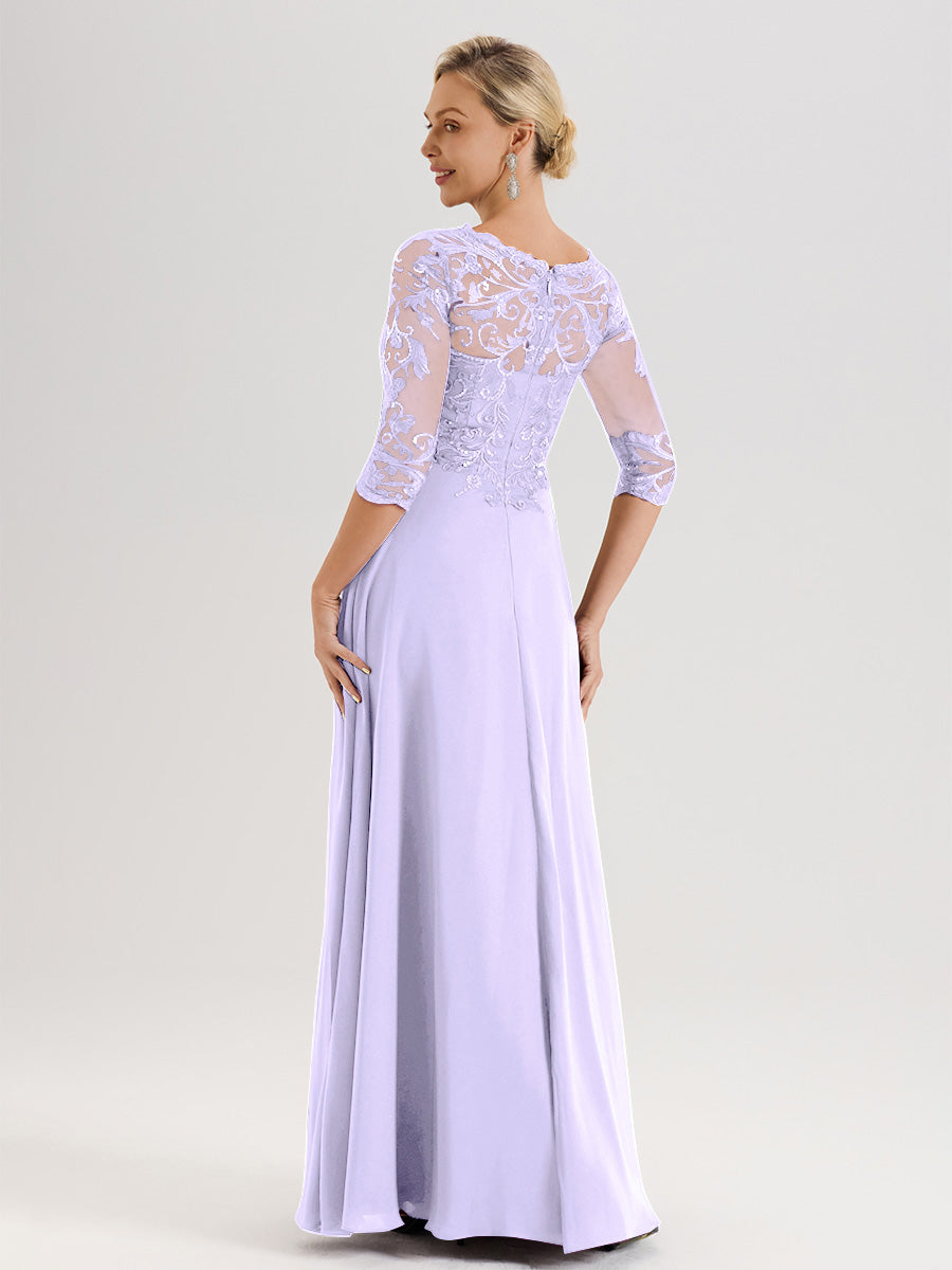 Cicinia Robe Mère De La Mariée Lilas Col Ras Du Cou Manches Trois-Quarts En Chiffon Et Dentelle Longueur Au Sol