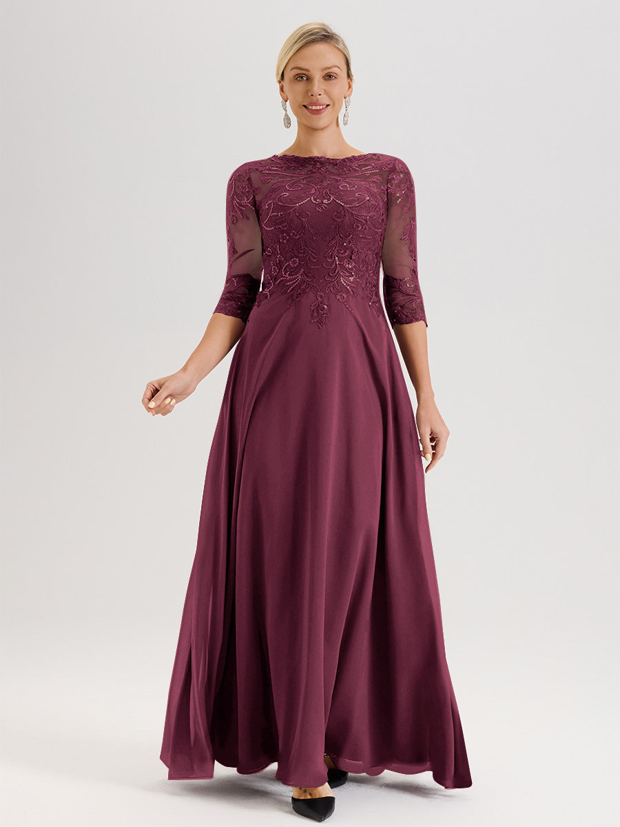 Cicinia Robe Mère De La Mariée Mûre Col Ras Du Cou Manches Trois-Quarts En Chiffon Et Dentelle Longueur Au Sol
