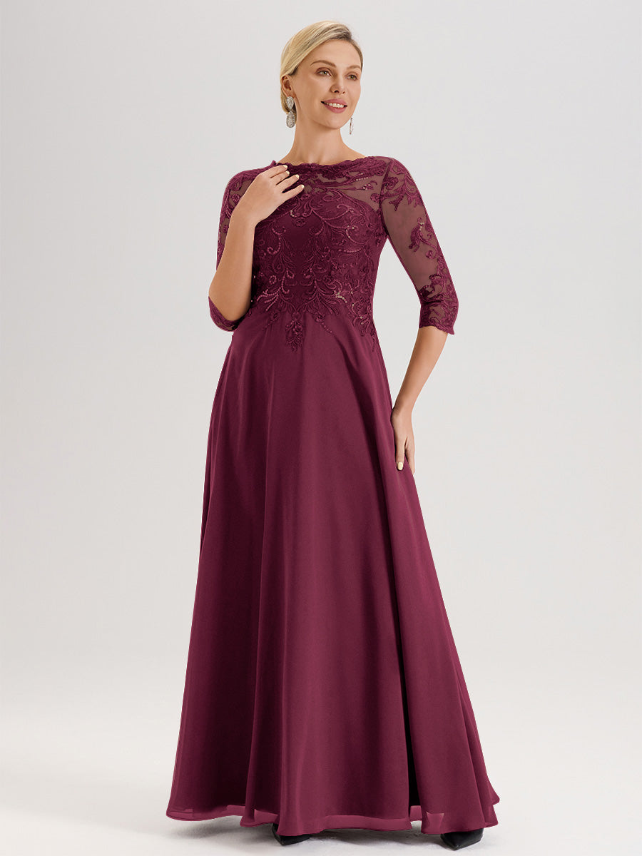 Cicinia Robe Mère De La Mariée Mûre Col Ras Du Cou Manches Trois-Quarts En Chiffon Et Dentelle Longueur Au Sol