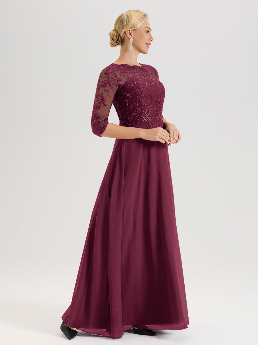 Cicinia Robe Mère De La Mariée Mûre Col Ras Du Cou Manches Trois-Quarts En Chiffon Et Dentelle Longueur Au Sol