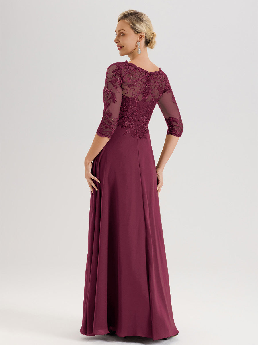Cicinia Robe Mère De La Mariée Mûre Col Ras Du Cou Manches Trois-Quarts En Chiffon Et Dentelle Longueur Au Sol