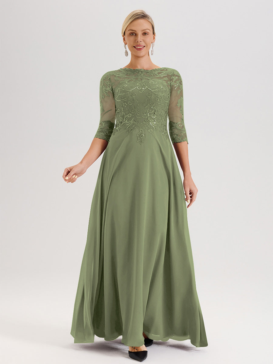 Cicinia Robe Mère De La Mariée Olive Col Ras Du Cou Manches Trois-Quarts En Chiffon Et Dentelle Longueur Au Sol