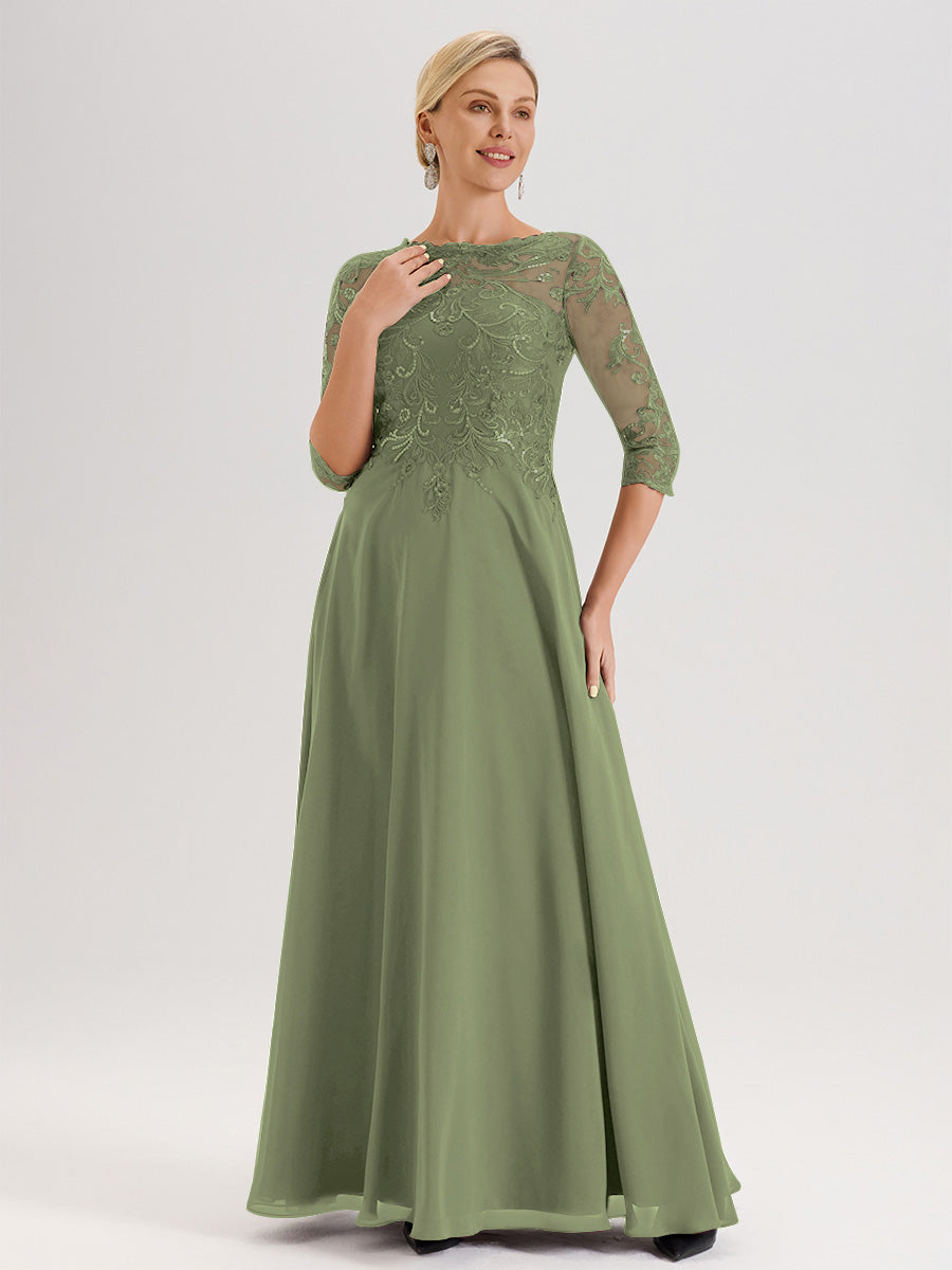 Cicinia Robe Mère De La Mariée Olive Col Ras Du Cou Manches Trois-Quarts En Chiffon Et Dentelle Longueur Au Sol