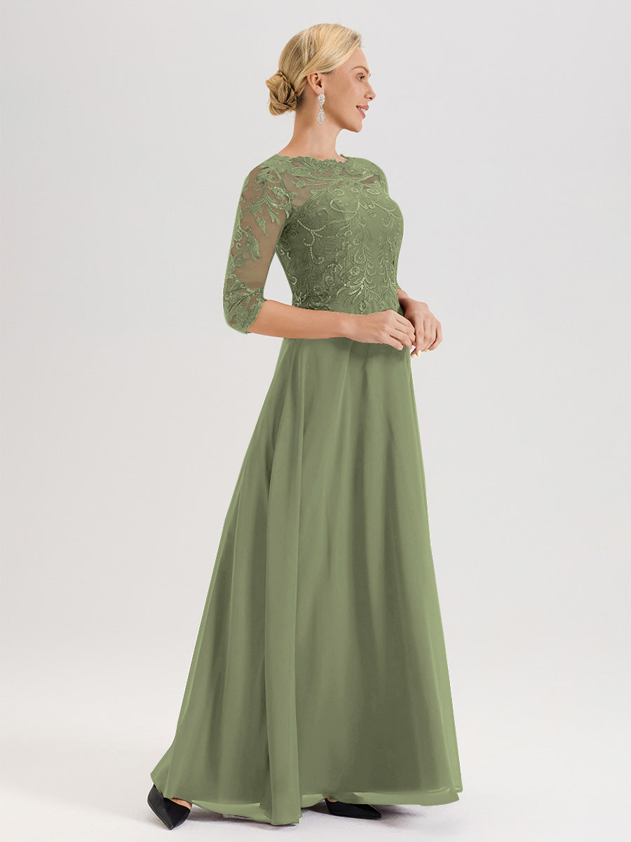 Cicinia Robe Mère De La Mariée Olive Col Ras Du Cou Manches Trois-Quarts En Chiffon Et Dentelle Longueur Au Sol