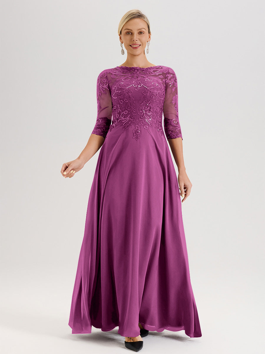 Cicinia Robe Mère De La Mariée Orchidée Col Ras Du Cou Manches Trois-Quarts En Chiffon Et Dentelle Longueur Au Sol